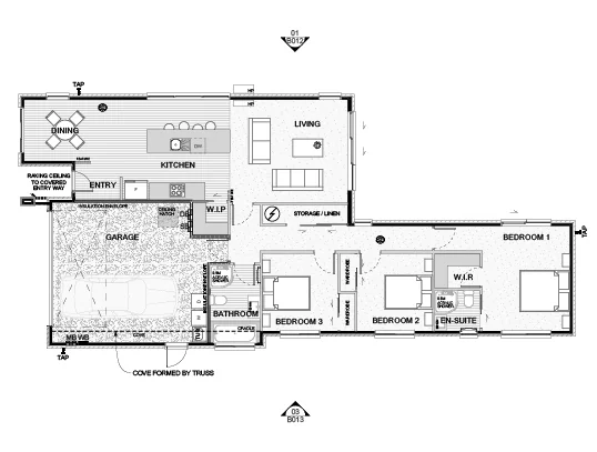 Floor plan of a three-bedroom home with a garage and an open kitchen and living area